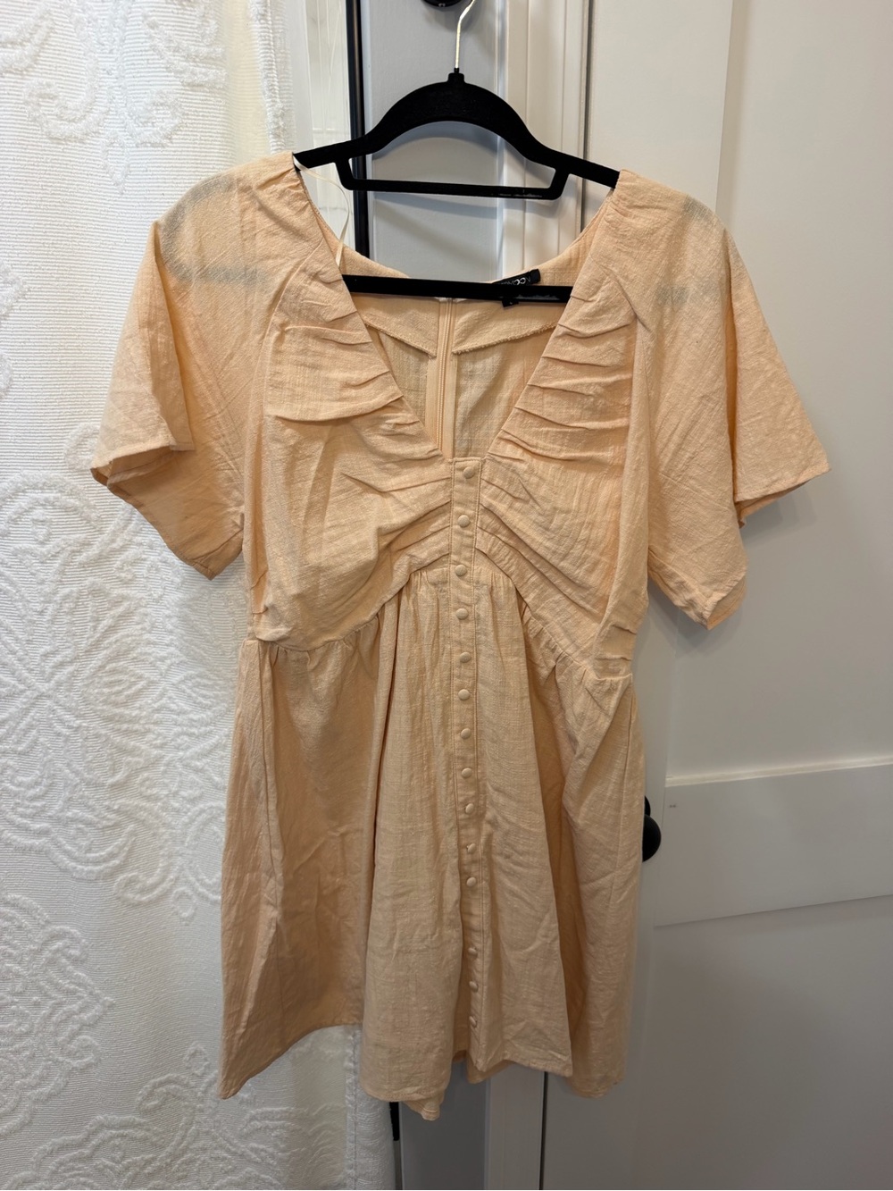 Cream Button-Front V-Neck Babydoll Dress